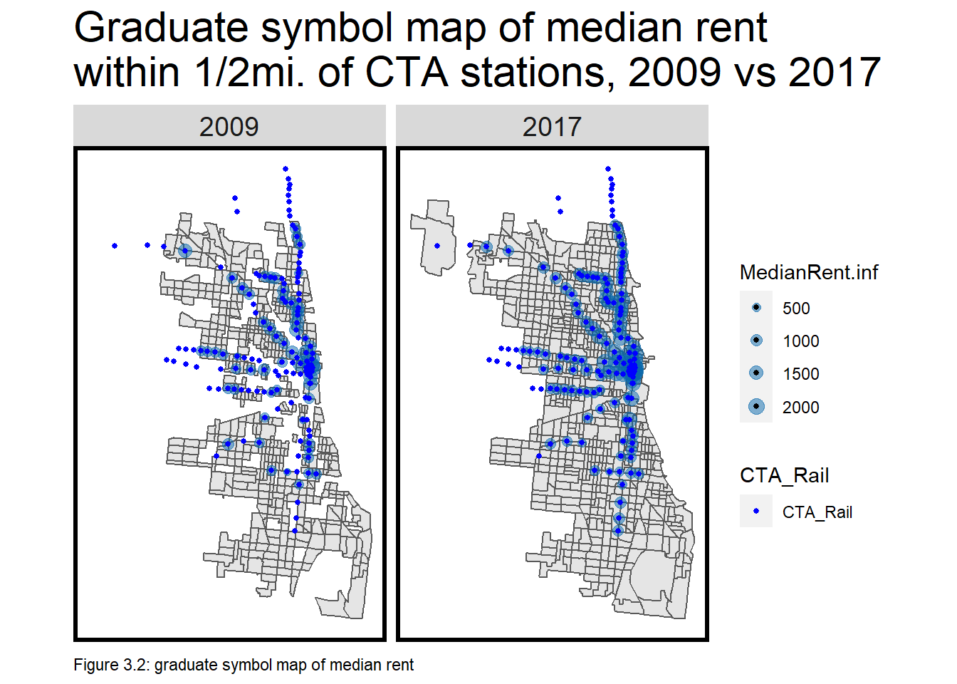 Graduate symbol map of median rent within 0.5mi. of CTA stations